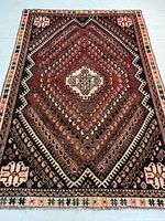 Full view of the hand knotted wool Shiraz rug showing the large central decorative medallion and border pattern.