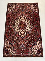 Full view of the rectangular Persian wool rug showing central medallion and overall pattern on light background.