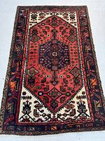 Full view of the Persian Zanjan rug showing overall pattern and colors with border and central medallion design.