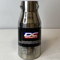 Front angle showing polished stainless steel exhaust tip with DC Sports label and logo
