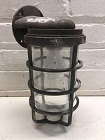 Front view of RAB industrial wall light fixture showing metal cage and glass cylindrical cover.