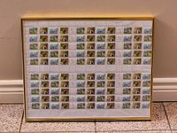 Front view showing the entire framed uncut sheet of bird stamps on a tiled floor against a wall baseboard.