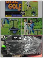 Photo showing box for disc golf set, portable basket and two children playing, and black carrying bag with 'Disc Golf Set' printed on it.