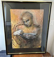 Front view of the large framed mixed media painting depicting a man looking downward holding a bowl, showing the entire artwork, frame and matting.
