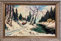 Frontal view of painting showing winter river landscape with horse-drawn sleigh