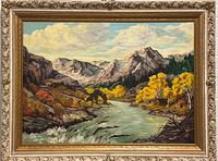 Full frontal view of mountain river landscape painting in ornate frame