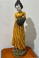 Front view of vintage folk art wooden sculpture showing female figure in yellow polka dot dress holding a dark object.