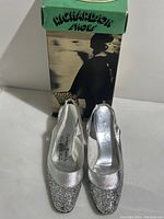 Photo showing front view of silver shoes with glitter toes and original Richardson Shoes box behind