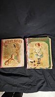 Front covers of both antique children's books, showing 'Aesop's Fables' and 'Nellie's Chicks' with worn and stained illustrated covers.