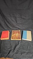 Three vintage books displayed side by side on a dark fabric background under neutral lighting, showing front covers and some wear.