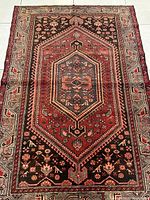 Full view of the Persian Zanjan Hamade rug laid flat on the floor, showing central medallion and border designs.