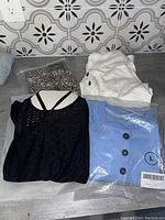 Photo showing four ladies tops on countertop including black knit top with stud accents, white top with buttons, blue top in packaging, and leopard print top in bag.