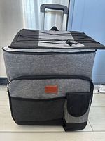 Front view of the new gray cooler bag showing zippered front pocket, mesh side pocket with additional small black pouch, elastic bungee cord on top, and telescoping handle retracted.