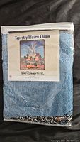 View of the packaged tapestry woven throw with label showing image of Mickey and Minnie Mouse in front of Cinderella Castle.