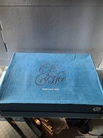 Closed blue box with embossed 'Tea & Coffee Serving Set' text on lid, showing original packaging.