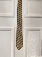 Full view of the vintage Lanvin men's silk tie hung against a door, showing the pattern and color clearly.