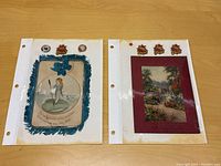 Two scrapbook pages with Christmas cards and decorative holiday stickers including floral and star motifs.