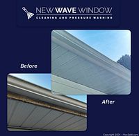 Photo showing gutter and soffit cleaning before and after, highlighting the removal of dirt and buildup.