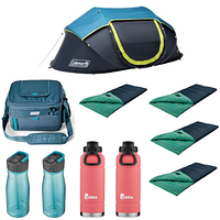 Group shot showing tent, cooler, four sleeping bags and water bottles.