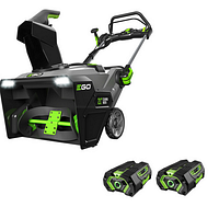 Snowblower and two batteries shown together