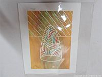 Original screen print artwork showing abstract white linear patterns on a multicolor background, covered in clear protective sleeve.