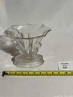 Clear frosted pressed glass vase with wavy rim, measuring about 8 inches wide at the top