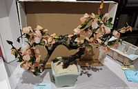 Photo of the glass and jade bonsai tree with light peach flowers in a ceramic pot against a cardboard backdrop.