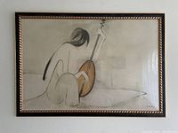 Full front view of the framed print showing the musician print and wooden frame with glass cover.