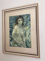 Framed print showing the full artwork with nude female figure in impressionist style. The frame is wooden with decorative edges and a glass cover.