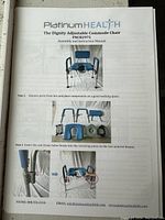 Assembly and instruction manual for Platinum Health Dignity Adjustable Commode Chair PNCB2975 showing images of components and assembly steps.