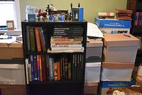 Two shelves of books shown with titles including 'America in the Air War', 'The Vietnam War', 'Art At Work', 'The Explorers', and others. Cast iron horse drawn cart figurine on top shelf next to various bells and decorative items.