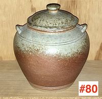 Front view of the pot showing rounded shape with speckled glaze and lid with knob handle