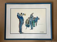 Full front view of framed watercolour painting showing three musicians