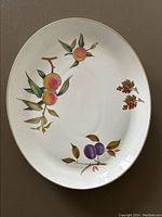 Oval white ceramic platter with hand-painted style fruit designs and gold rim.