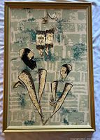 Framed abstract mixed media art of Rabbi at Western Wall in traditional garb with dove and prayer notes above