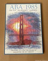 Full view of the framed vintage ABA 1985 San Francisco poster showing the Golden Gate Bridge artwork and surrounding blue frame