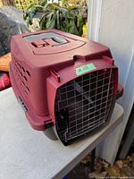 A dark red plastic pet carrier with a black metal wire front door, photographed on a white surface outdoors.