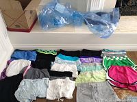 Thirty women's shorts and skirts in assorted colors and brands arranged on floor and in large zip bag.