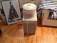 Photo showing the white air purifier placed on top of the rectangular dehumidifier on a hardwood floor near a striped couch and framed pictures