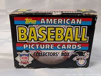 Front view of original 1988 Topps American Baseball Picture Cards collector's box with prominent branding and baseball graphics.