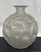 Front view of frosted glass vase showing spherical body and fern leaf relief