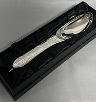 Chrome plated serving spoon in original display box showing overall condition and presentation.