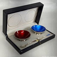 Open case showing two enamel dishes and matching spoons