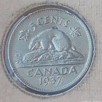 Close-up photo of the reverse side of the 1937 Canadian 5 cents dot nickel depicting a beaver on a rock with maple leafs and '5 CENTS CANADA 1937'.