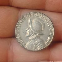 Front view of 1975 Panama quarter Balboa coin showing historic colonial soldier portrait and denomination text.