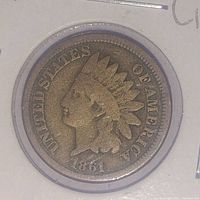 Front view of the 1861 Indian Head One Cent coin showing the Native American profile and date.