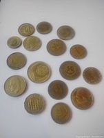 Top view of sixteen assorted vintage brassy coins, showing varied size, design, and inscriptions, arranged on white background