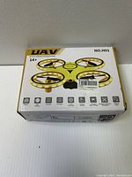 Front and top view photo of the HAV NO.H01 mini drone box showing product image, features, and age recommendation.