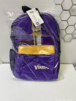 Front view of new Minnesota Vikings backpack in plastic packaging showing logos and colors