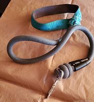 Blue dog leash laid out showing padded handle and braided rope body with metal clip